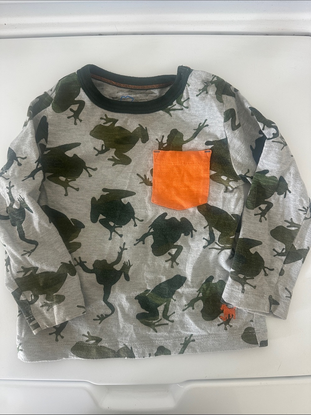 Mini Boden Long-Sleeve Frog Print Top with Orange Pocket